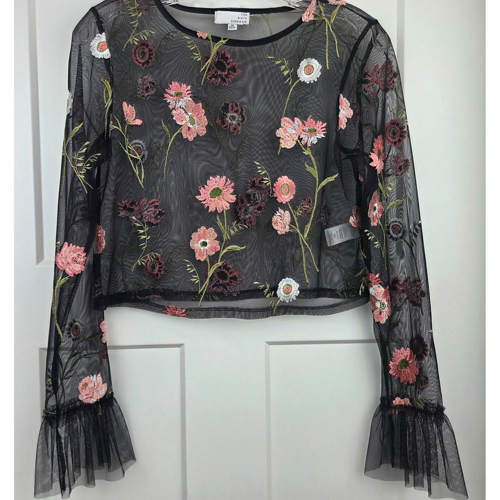 Ten Sixty Sherman Black Mesh Floral Embroidered Crop Top XS Whimsigoth fairy